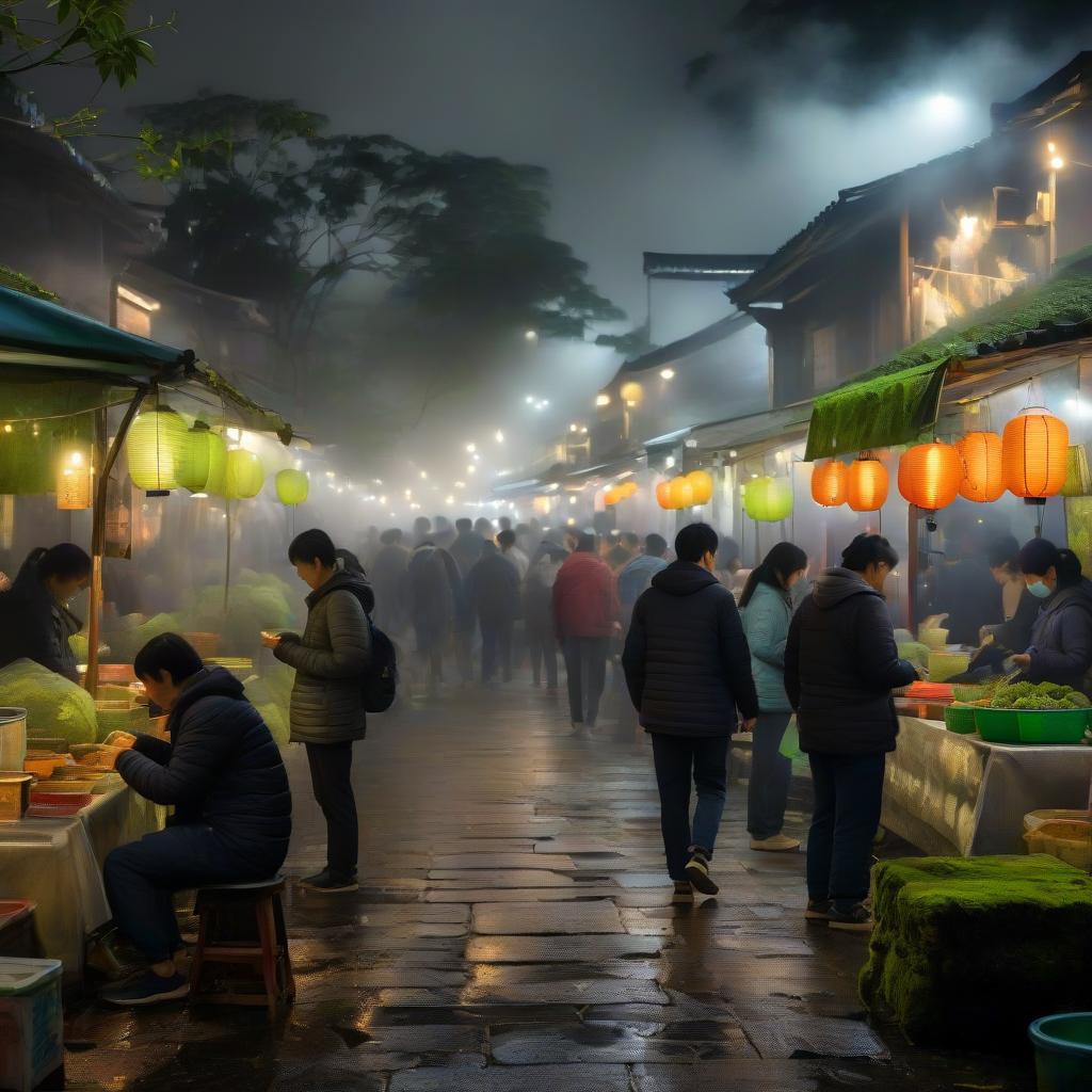 Chợ đêm mờ sương với đèn lồng ấm áp và lối đi đá ướt