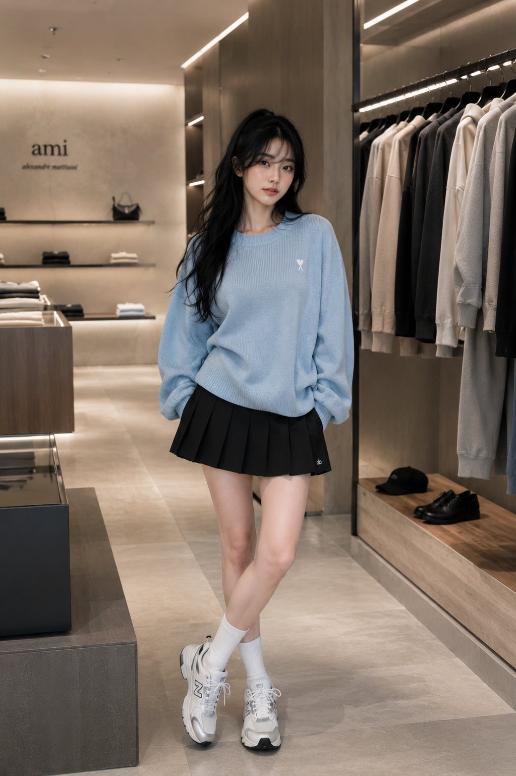Ảnh chụp thời trang toàn thân phong cách tối giản tại boutique cao cấp