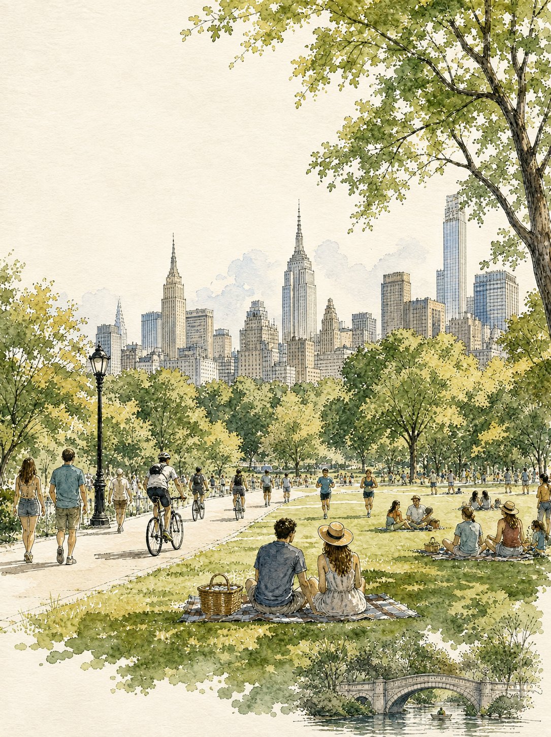 Tranh minh họa du lịch màu nước Công viên Manhattan
