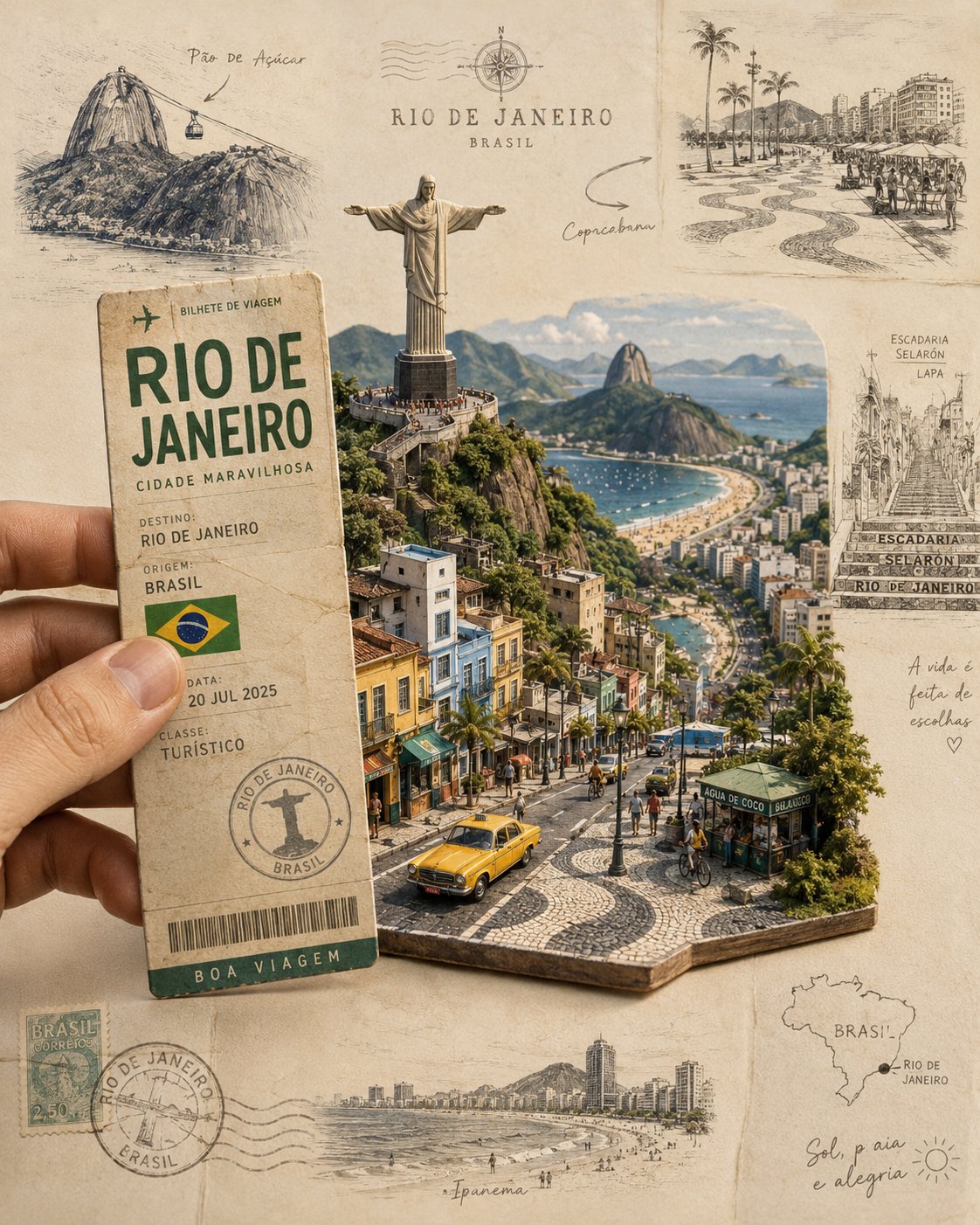 Poster diorama 3D phong cảnh Rio de Janeiro từ vé du lịch cổ điển