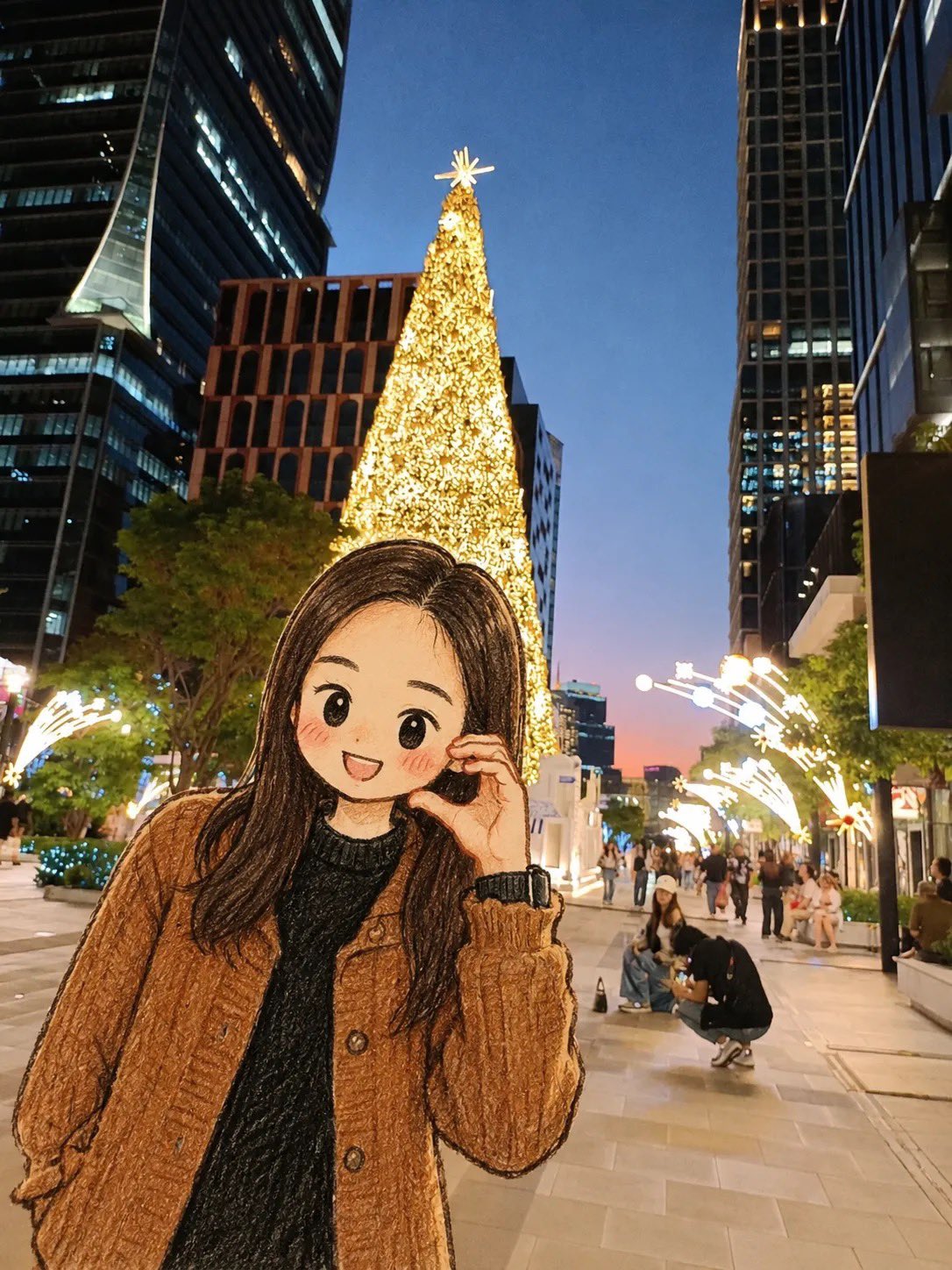 Chân dung Chibi trên phố Giáng sinh với hậu cảnh chân thực